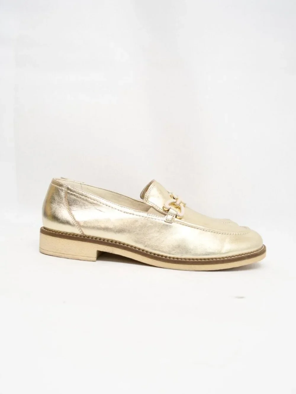 $500 PAUL GREEN ADA LOAFER SLIP ON LEATHER PLATINO GOLD VAMP HARDWARE 8 (TF14)